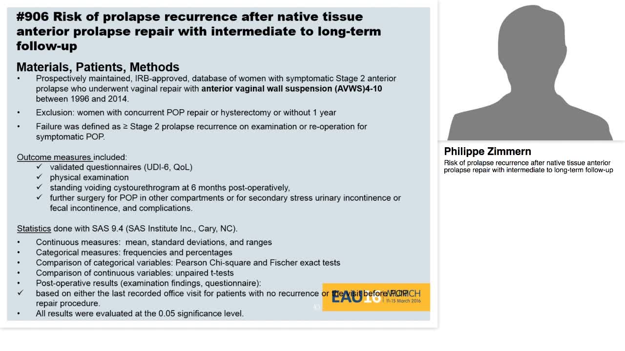 Risk of prolapse recurrence after native tissue anterior -