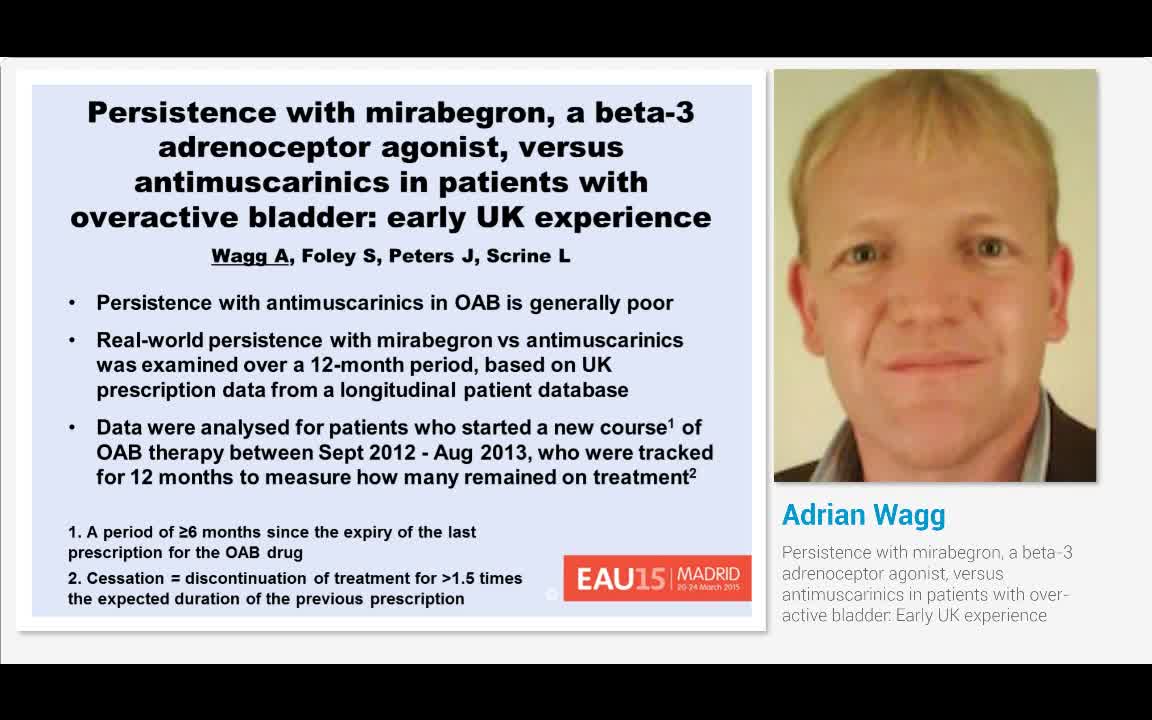 Persistence with mirabegron, a beta-3 adrenoceptor agonis..-